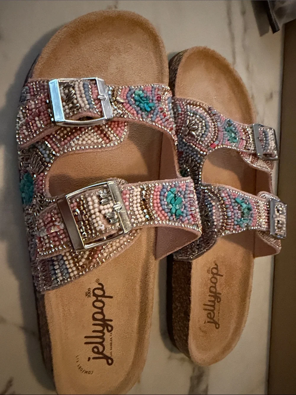 Jellypop Beaded Double-Strap Slide Sandal in Pink, Turquoise & Cream - Picture 2 of 3